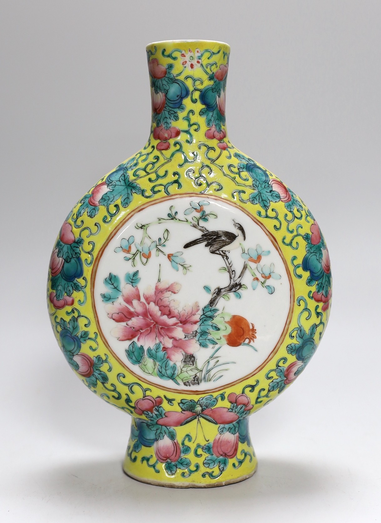 A Chinese yellow ground famille rose moonflask, late 19th century, neck a/f, 25cms high